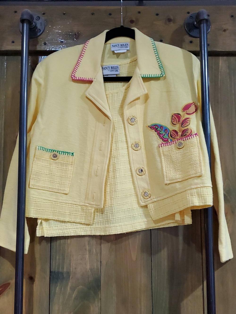 Nancy Bolen Yellow Embroidered Crop Jacket Blazer With Tank Two Pieces Vintage